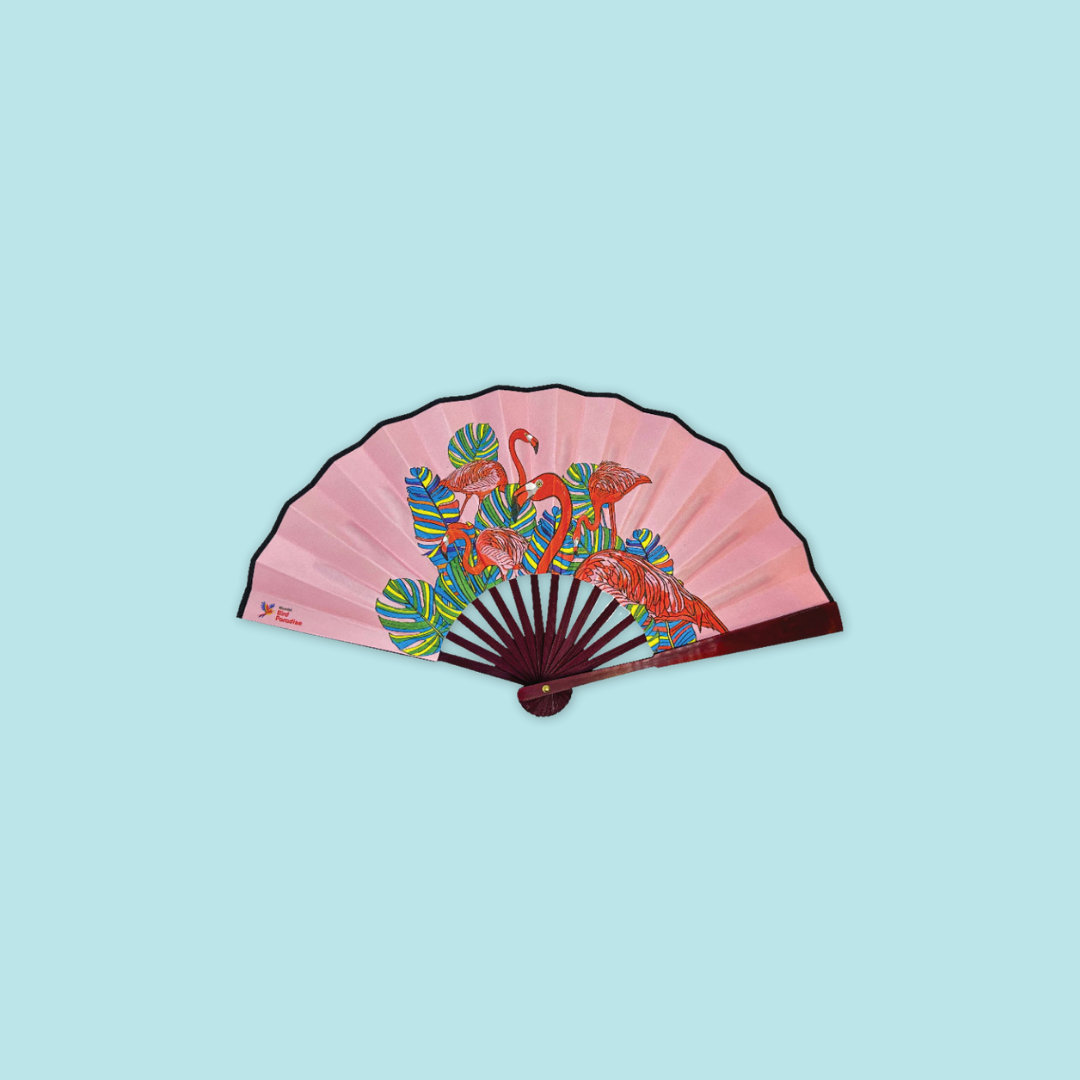 Flamingo Macaw Colorful Folding Satin Hand Fan Flying With Colors Bird Paradise MANDAI WILDLIFE RESERVES