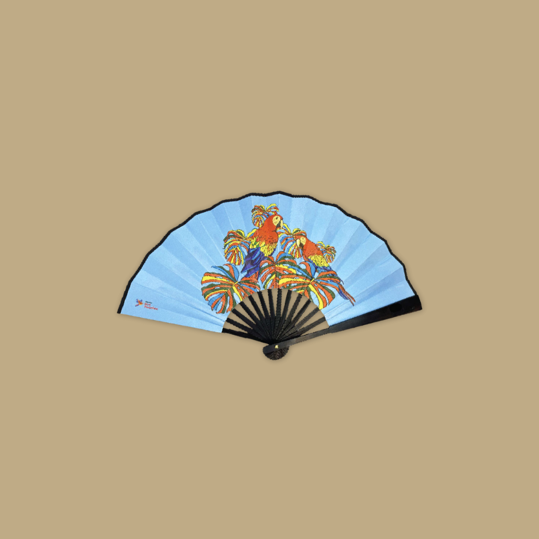 Flamingo Macaw Colorful Folding Satin Hand Fan Flying With Colors Bird Paradise MANDAI WILDLIFE RESERVES