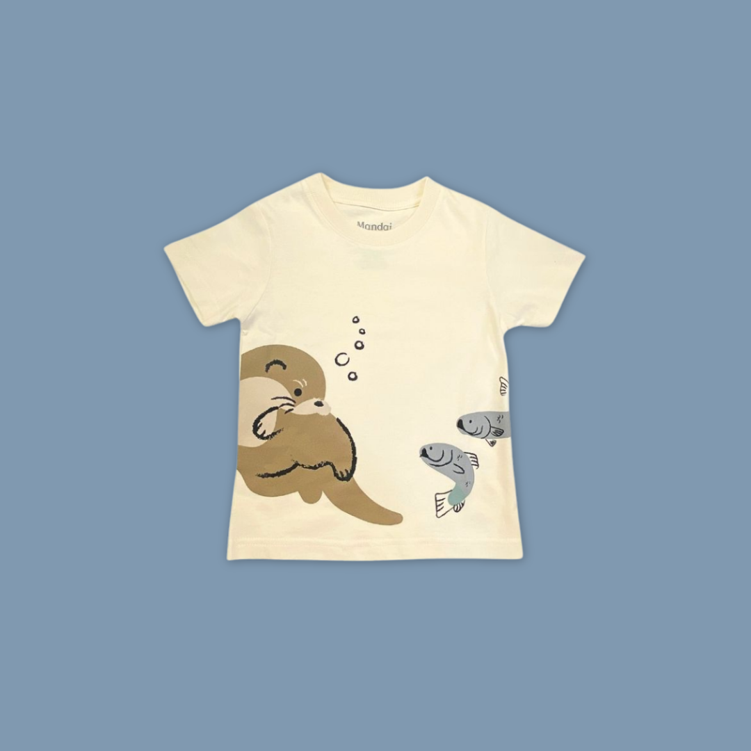 Doodle Series Kids Unisex T-Shirt Otter with Fish Short Sleeve Top MANDAI WILDLIFE RESERVE