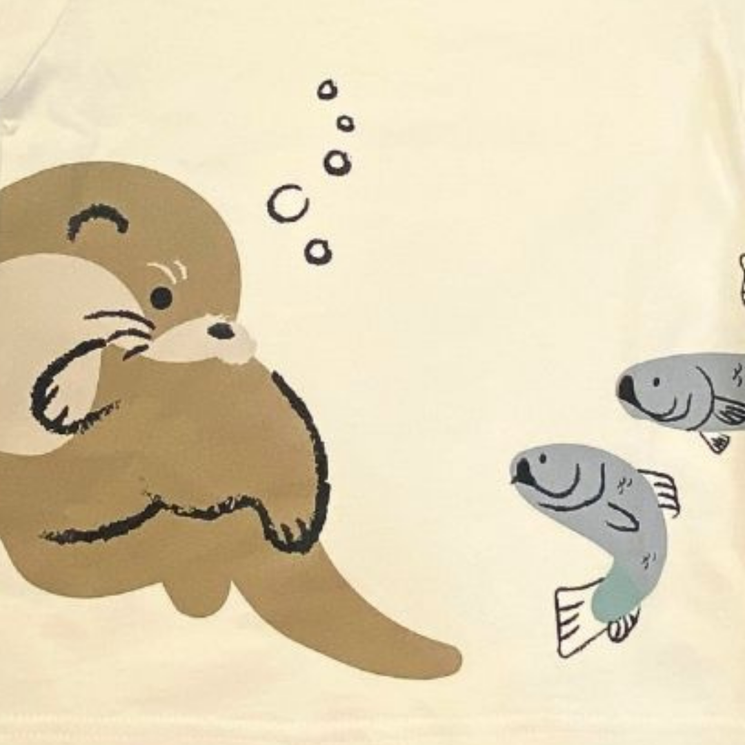 Doodle Series Kids Unisex T-Shirt Otter with Fish Short Sleeve Top MANDAI WILDLIFE RESERVE