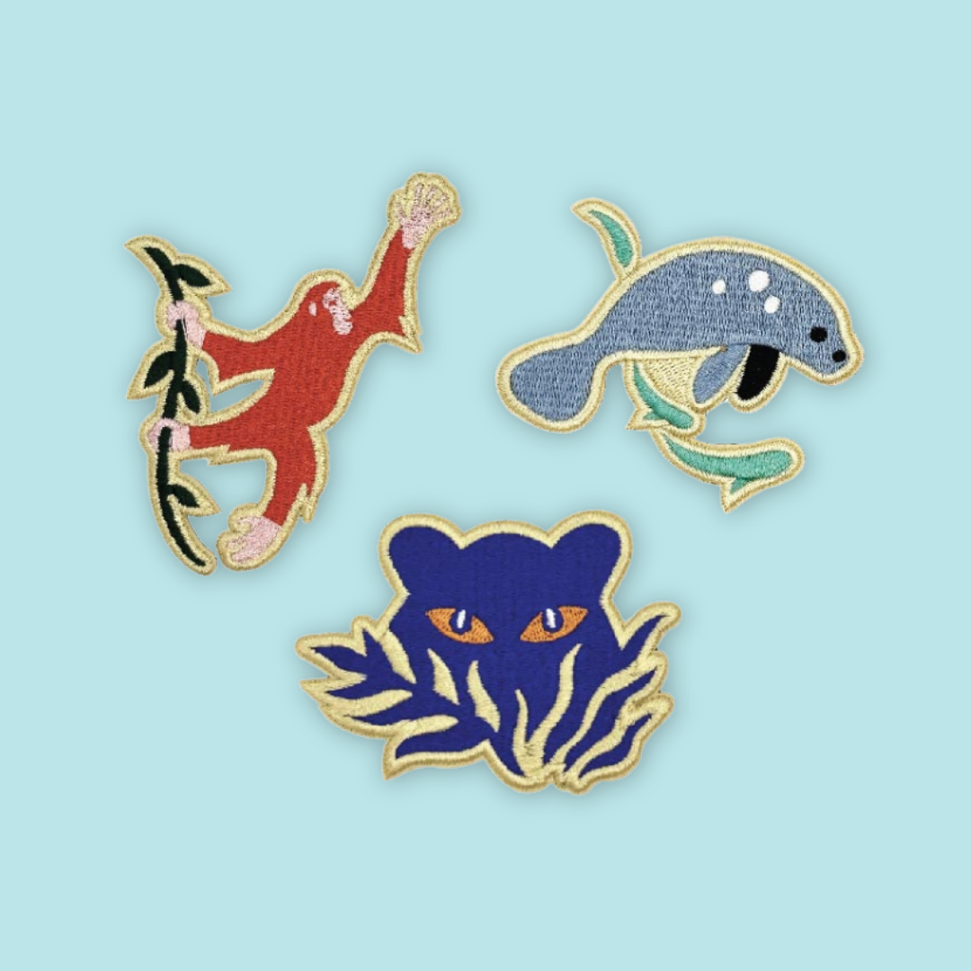Three colorful animal-themed pins on a light Mandai Wildlife Reserve