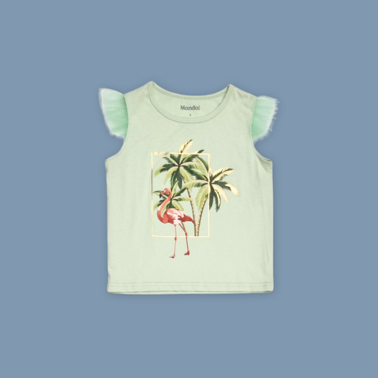 Flamingo Print Mesh Sleeveless Girls Tee